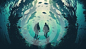 Two scuba divers silhouette underwater swimming in turquoise water among fish stack undersea world