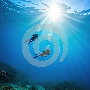 two Scuba divers Two scuba divers in silhouette swimming to the surface in the rays