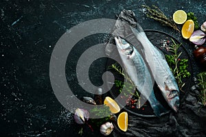 Two sea bass fish with spices on a black stone plate. On a dark background.