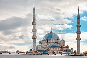 Two seagull standing on roof of a building in front of glorious blurry New Mosque in Eminonu photo