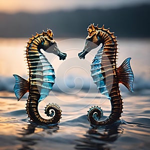 two seahorses are on the beach at sunset, facing each other