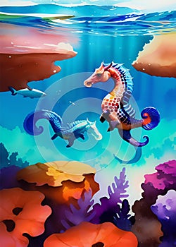 Two seahorses in the ocean, watercolor painting, ocean landscape, AI Generated Image, Royalty free stock image