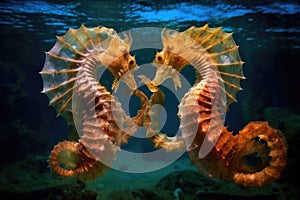 two seahorses swirling around each other in love dance