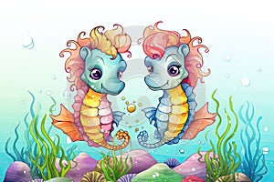 two seahorses under the seaweed near the rocks. generative ai