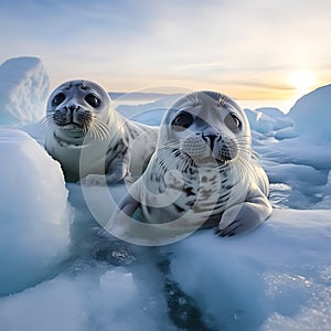 Two seals lying on ice
