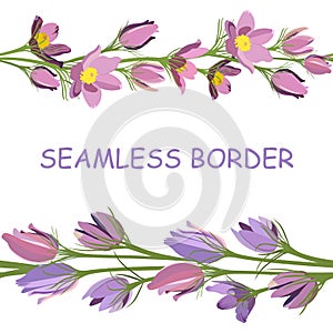 Two seamless borders of lilac and purple spring primroses