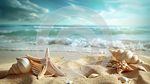 Two Seashells on Sandy Beach Near Ocean