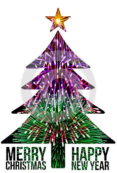 Two season greetings symbolic, merry Christmas and happy new year. Xmas tree and fireworks isolated white background