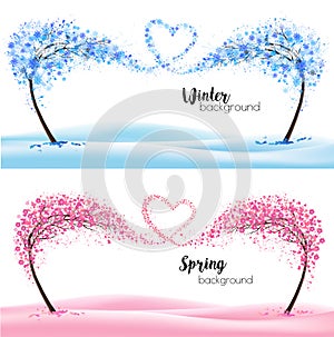 Two season nature backgrounds with stylized trees representing a seasons - winter and spring.