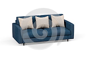 Two seater sofa in blue fabric with gray pillows and wooden legs on white background - 3d