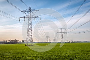 Two seemingly endless rows of electricity pylons in a meadow