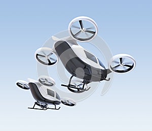 Two self-driving passenger drones flying in the sky