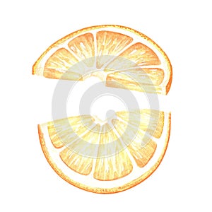 Two semicircular lemon slices. Watercolor illustration. Isolated on a white background. For your design stickers, nature