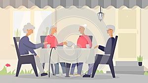 Two senior couples having a dinner on the front lawn of the house. Vector concept illustration of happy smiling elderly people