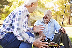 Two Senior Men On Camping Holiday With Fishing Rod