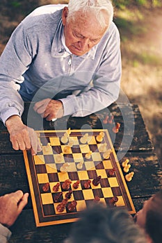 Two senior men having fun and playing chess at park