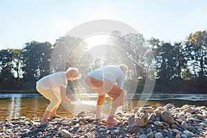 Two senior people enjoying retirement and simplicity while throw