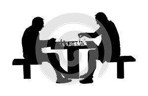 Two seniors man playing chess game outdoor in park vector silhouette. Grandpas friend entertainment. Free time for mature people.