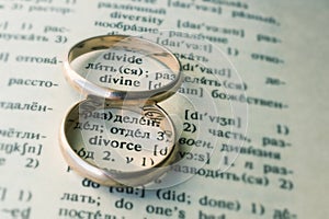 Two separate wedding rings next to the word `divorce`