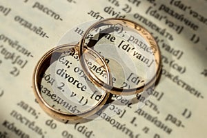 Two separate wedding rings next to the word `divorce`