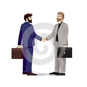 Two serious businessmen with well groomed appearance, beards, in business suits and with leather portfolios shake hands.