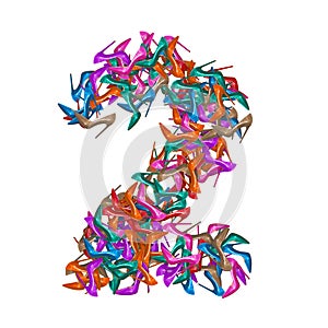 Two, Set of numbers made of multicolored high heel shoes, woman footwear, 3d render on white background