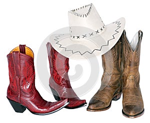 Two sets of boots with cowboy hat