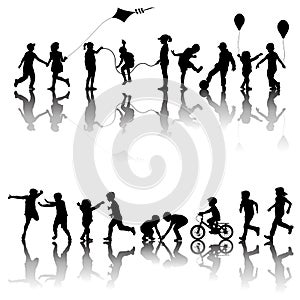 Two sets of children silhouettes playing