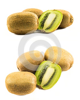 Two sets of kiwis whole and cut in half