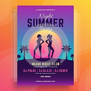 Two sexy naked woman neon sun paradise palm trees summer party poster template design vector