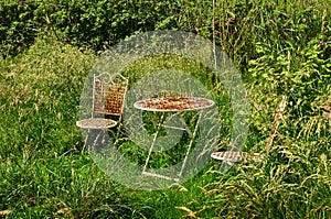 Two shabby and weathered rusty chairs and a table of metal in a wild garden with long green grass