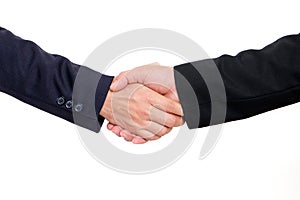 Two shaking hands people working assemble corporate meeting show symbol Join forces teamwork quality and effective personnel