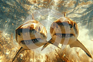 Two sharks gracefully swim with sunlit eyes exploring the ocean depths with a mesmerizing presence, underwater marine life concept