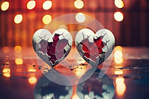 Two shattered hearts, symbolizing love's end and heartbreak