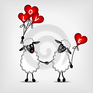 Two sheep in love with red hearts - balloons