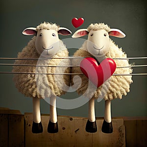 two sheep with red hearts, postcard for Valentine's day.