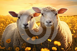 Two sheep standing in a field of vibrant yellow flowers. Perfect for nature or farm-related designs