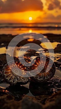 Two shells on the beach at sunset