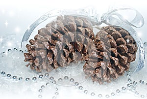 Two shiny brown pine cones with garlands