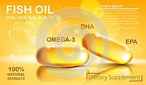 Two shiny capsules with natural extract of fish oil for skin, hair and nail beauty. Dietary supplement with OMEGA-3, DHA