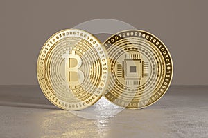 Two shiny golden bitcoins standing on metal floor as concept for financial technology and crypto-currency