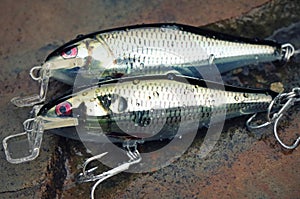 Two shiny home-made fishing lures plugs shads