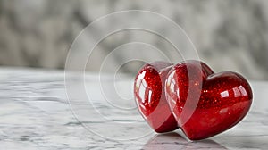 Two shiny red hearts on marble surface, blurred grey background. Minimalistic Valentine\'s day concept. Two glossy hearts