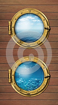 Two ship windows with ocean surface and underwater deep