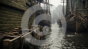 Two ships are docked in a narrow canal. Generative AI image.