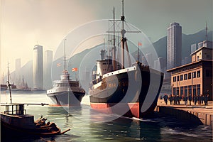 Two ships in the port of Hong Kong, China. Vintage style.