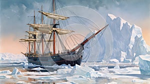 Two Ships Sailing On Ice: A Realistic Painting