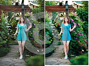 Two shoots of girl before and after retouch.