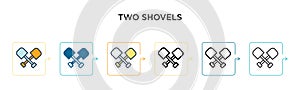 Two shovels vector icon in 6 different modern styles. Black, two colored two shovels icons designed in filled, outline, line and