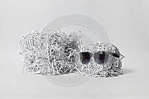 Two Shredded Paper Cubes Wearing Sunglasses